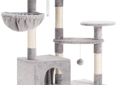 Cat Tree with Sisal Scratching Posts, Multi-Level Cat Tower, Cat climbing frame with large platform, basket, Light Grey