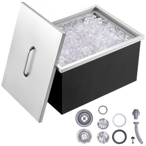 Drop in Ice Chest, 51 cm L x 36 cm W x 30.5 cm H Stainless Steel Ice Cooler, Commercial Ice Bin with Cover, 37.9 L Outdoor Kitchen Ice Bar