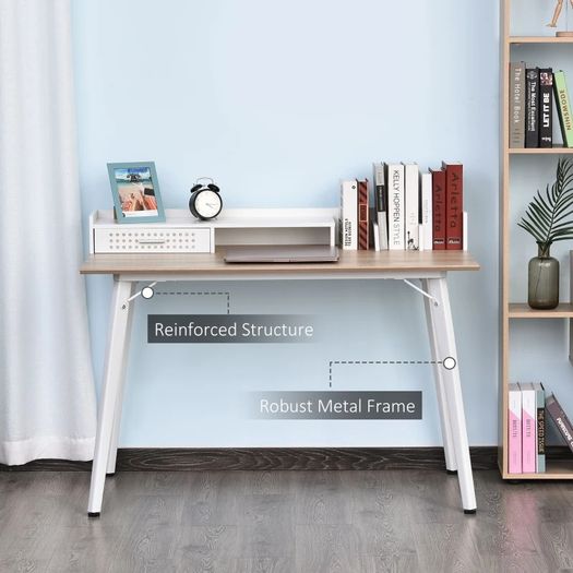 Computer Desk with Monitor Stand, Drawer and Storage Compartments, Compact Desk for Home Office and Small Spaces, White