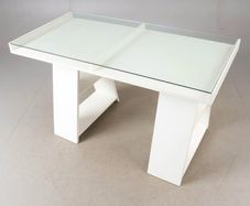 Study/ Office table Used but in great condition This is a modern minimalist table with a sleek white finish and a glass top