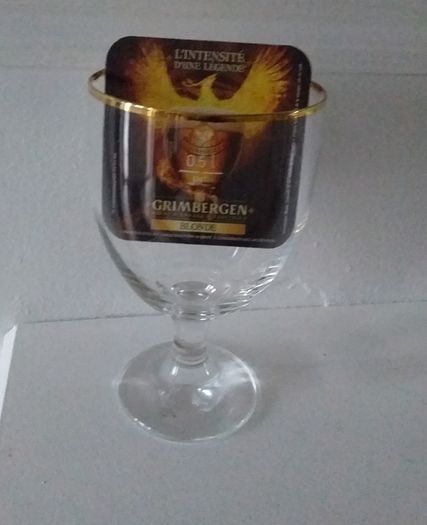 Grimbergen Half Litre , Gold Rimmed Goblet Style , Beer Glass and 2 Beer Mats