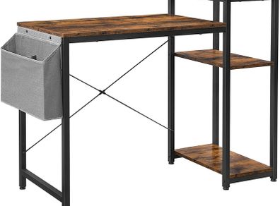 _Computer Desk with Shelf, Adjustable Shelf, with Side Pocket, 110 x 50 x 90 cm, Industrial Design, Vintage Brown/Black