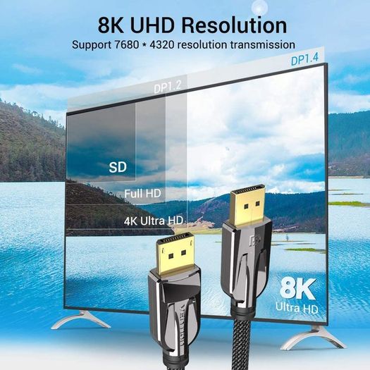 VENTION 3M Premium DisplayPort 1.4 UHD/3D 8K (7680x4320@60Hz) 32.4Gbps Luxury Model (Zinc Alloy/Nylon Braided/Gold Plated) Cable (Brand New/Warranty)