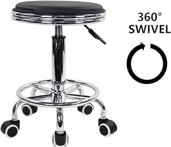 NEW SALE | Round Rolling Stool with Foot Rest PU Leather Height Adjustment Modern Industrial Metal Style Swivel Spa Salon Tattoo Work Massage Stools Small