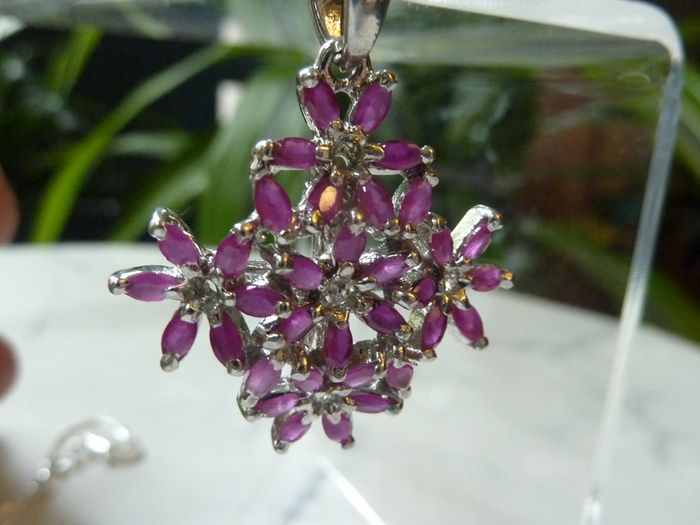 Ruby Cluster Snowflake Pendant Necklace, 925 Sterling Silver, 18 inch Chain