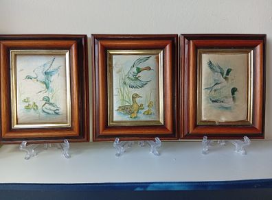 3 VTG Small Framed Miniature Print on Silk Made in N. Ireland Consort Pictures-DAMAGED 11X13.5 CMS