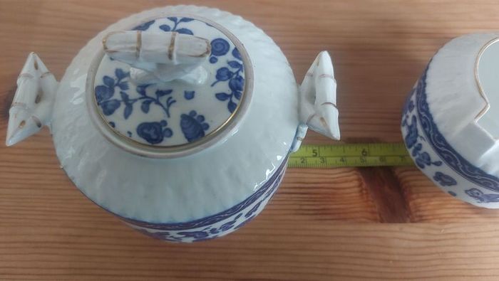 Exquisite Rare Beautifully Shaped and Patterned Blue & White Antique Milk Creamer and Matching Lidded Sugar Bowl by Edwin James Drew Bodley, in the Worchester Pattern Registered 1876, Circa 1875 - 1892