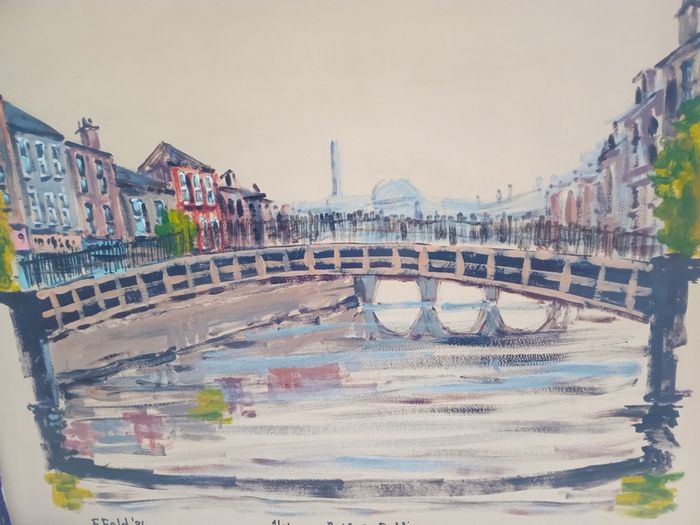 Oil Painting "Ha"penny Bridge Dublin". Frank Feld RHA.1986