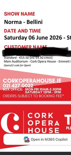NORMA Cork Opera House June 6th 2 tickets face value