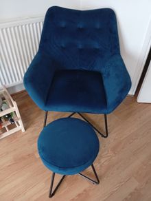 Turio Deep blue Velvet effect Chair (H)865mm (W)750mm (D)800mm and matching footstool-swords collection unused-perfect