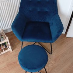 Turio Deep blue Velvet effect Chair (H)865mm (W)750mm (D)800mm and matching footstool-swords collection unused-perfect