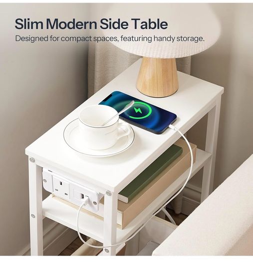 Narrow Side Table, Slim Bedside Table with Charging Station for Small Space, USB Ports and Power Outlet, 40 x 20 x 60 cm, for Living Room, White and Cream