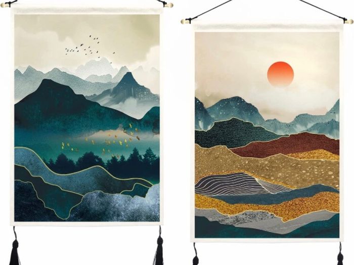2 Pack Japanese Mountain Tapestry Wall Hanging with Tassels Misty Forest Tapestries Wall Art Sun Nature Landscape Home Decor for Bedroom Aesthetic (35 x 50cm)