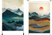2 Pack Japanese Mountain Tapestry Wall Hanging with Tassels Misty Forest Tapestries Wall Art Sun Nature Landscape Home Decor for Bedroom Aesthetic (35 x 50cm)