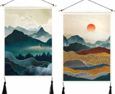 2 Pack Japanese Mountain Tapestry Wall Hanging with Tassels Misty Forest Tapestries Wall Art Sun Nature Landscape Home Decor for Bedroom Aesthetic (35 x 50cm)