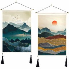 2 Pack Japanese Mountain Tapestry Wall Hanging with Tassels Misty Forest Tapestries Wall Art Sun Nature Landscape Home Decor for Bedroom Aesthetic (35 x 50cm)
