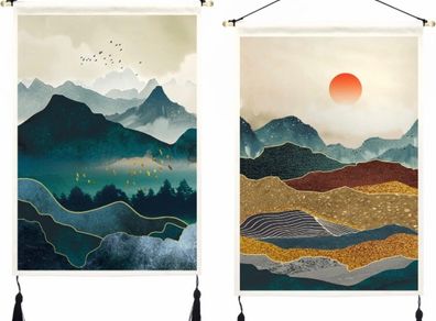 2 Pack Japanese Mountain Tapestry Wall Hanging with Tassels Misty Forest Tapestries Wall Art Sun Nature Landscape Home Decor for Bedroom Aesthetic (35 x 50cm)