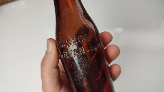 401 - Vintage Thos Power Dungarvan Dark Amber Glass Collectible Decorative Bottle