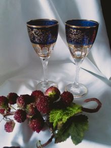 A pair of Italian  Crystal Royal Blue Gold Wine  Glasses
