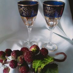 A pair of Italian  Crystal Royal Blue Gold Wine  Glasses