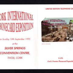 1995 Ireland 5 unit Cork International Phonecard Exposition, 10th September 1995 BT Telecom (Landis & Gyr (Optical) Phonecard in linked wallet