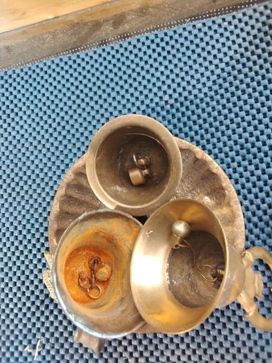 Old brass bells & candle holder & tea strainer
