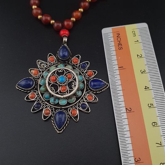 Antique Style Brass & Lapislazuli,Coral,Turqouise Pendant with Carnelian Beads Necklace
