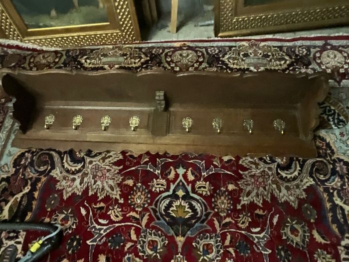 Old coat rack with brass hooks, large and heavy