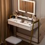 Makeup Table with Mirror and Stool, Vanity Dressing Table Set with 3 Color Adjustable Brightness LED Lights, 2 Large Storage Drawers and Metal Frame for Bedroom, White and Gold Image 4