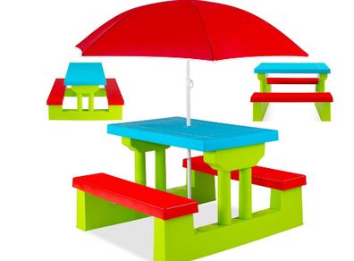Colourful  Children's  Picnic  Garden Table Bench Chair Umbrella Child Seat Set