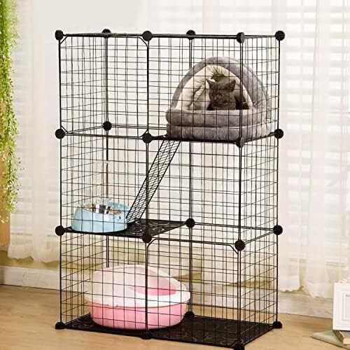 3 Tier Pet Playpen DIY Small Animal Cage Guinea Pig Rabbits Hamster Bunny Puppy Cat Metal Exercise Fence Enclosure Run Cage Metal with 3 Doors 2 Ladders 24 Panels Black 109 x 75 x 39 cm