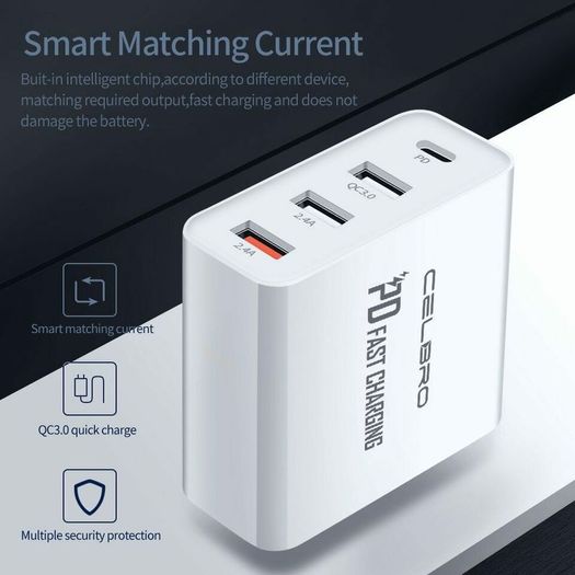 CELBRO QC 3.0 & PD/QC4.0 USB 4 Ports Wall Fast Charger 48W [3 Power Plugs (US/EU/UK)] (Brand New/Warranty)