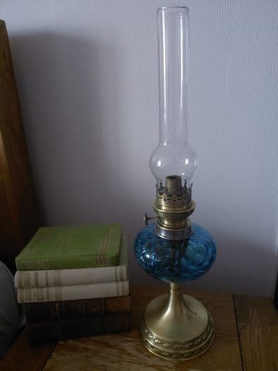 vintage French blue glass oil lamp works