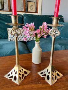 Pair of Tall Art Nouveau Inspired Candlestick Holders Circa Solid Brass