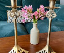 Pair of Tall Art Nouveau Inspired Candlestick Holders Circa Solid Brass