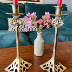 Pair of Tall Art Nouveau Inspired Candlestick Holders Circa Solid Brass