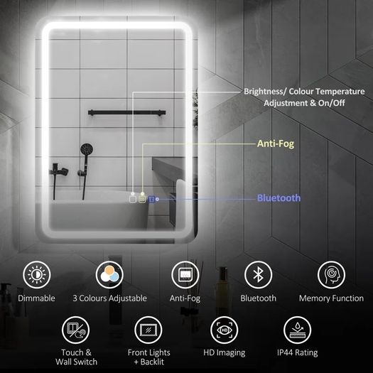 LED Bathroom Mirror 50x70cm Speakers Antifog Ensuite Makeup Vanity Cosmetic Dual LED Dimmable