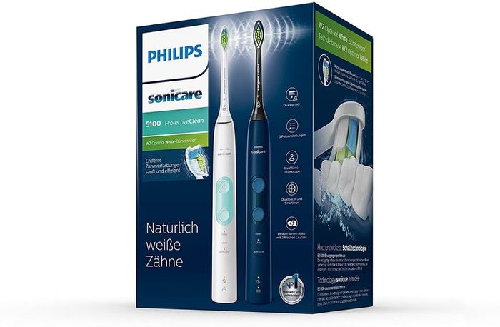 Philips Sonicare ProtectiveClean 5100 Electric Toothbrush Set of 2, Built-in Pressure Sensor, 3 Modes, BrushSync Function, 2 Travel Cases - White/Mint & Navy Blue