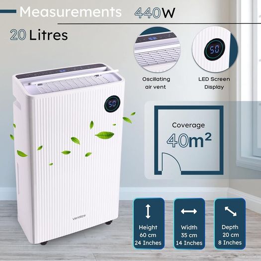 Premium 2-in-1 Dehumidifier 20L with Active Carbon Air Filter Smart LCD Touch Control For Damp Mould & Condensation Continuous Drain Option, Laundry Dry Mode, 24H Timer Energy Efficient by Ventilize