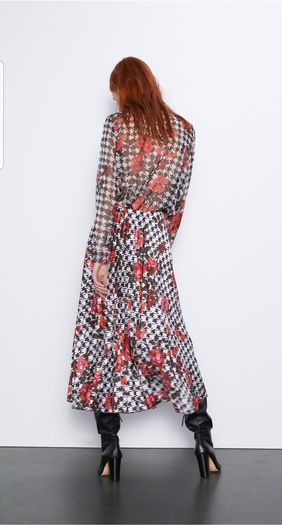 Zara Multicoloured Houndstooth & Floral Print Pleated Flowing Midi Skirt  Xs