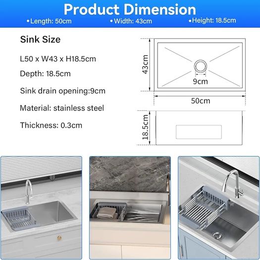 Stainless Steel kitche Sink,50 x 43cm,Inset Kitchen Sink,with Waste Kit,Drain Pipe,Pull-Out Drainer Basket,Suitable for Bathroom,Caravan Travelling