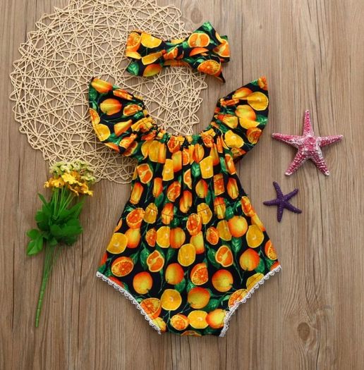 Orange  Baby Girl Jumpsuit Romper + Headband Outfit Summer