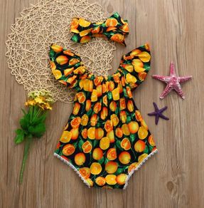 Orange  Baby Girl Jumpsuit Romper + Headband Outfit Summer
