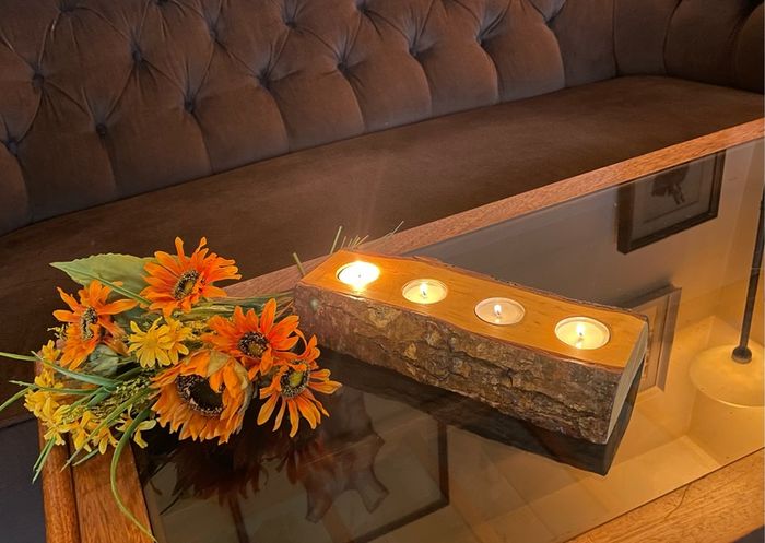 Stunning Rustic Live Edge Pine Wood Tea Light Holder Yule Log Waxed and Sealed