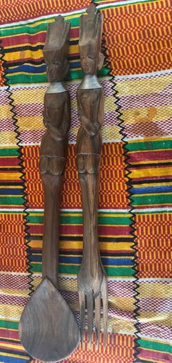 Vintage African Hand-Carved Wooden Salad Servers (Pair)