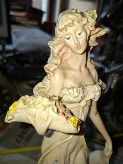 Beautiful Old Figurine distinctive Art Nouveau style of Italian sculptor, depicting an elegant woman in a flowing pastel gown holding a floral arrangement, Postage Available or Collection