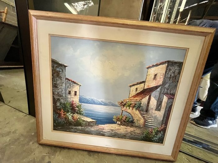 Large Framed Mediterranean Coastal Village painting. Signed Jones