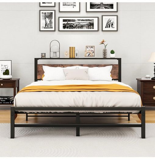 King Size bed frame With Wood Storage Headboard