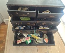 Vintage Japanese laquer Haribako sewing chest with original vintage sewing contents
