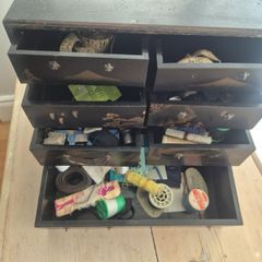 Vintage Japanese laquer Haribako sewing chest with original vintage sewing contents